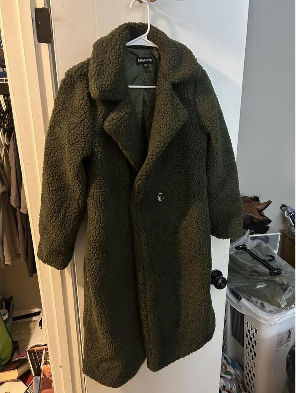 Brand new Eilly Bazar olive green long line teddy coat size XS